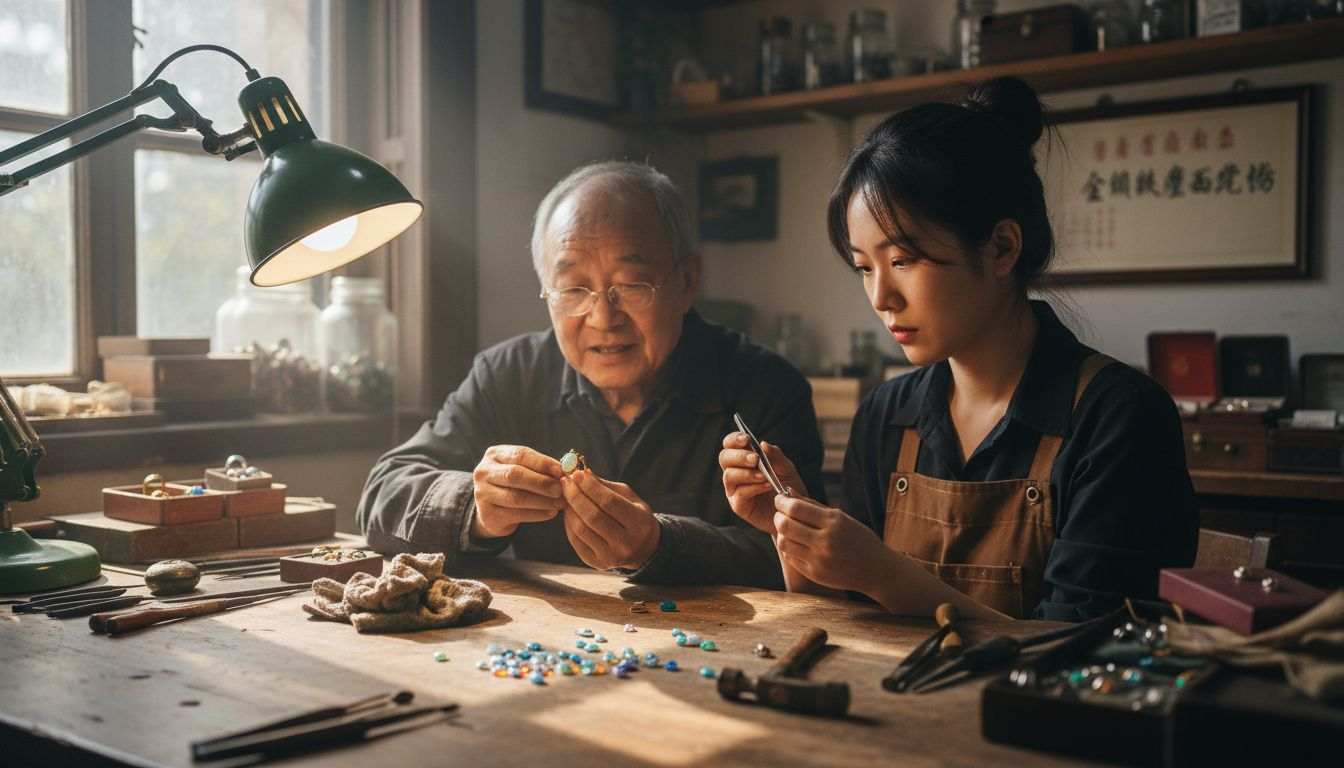 珠宝鉴定师正在仔细检查黄金、白银和欧泊等珠宝首饰的品质与真伪。