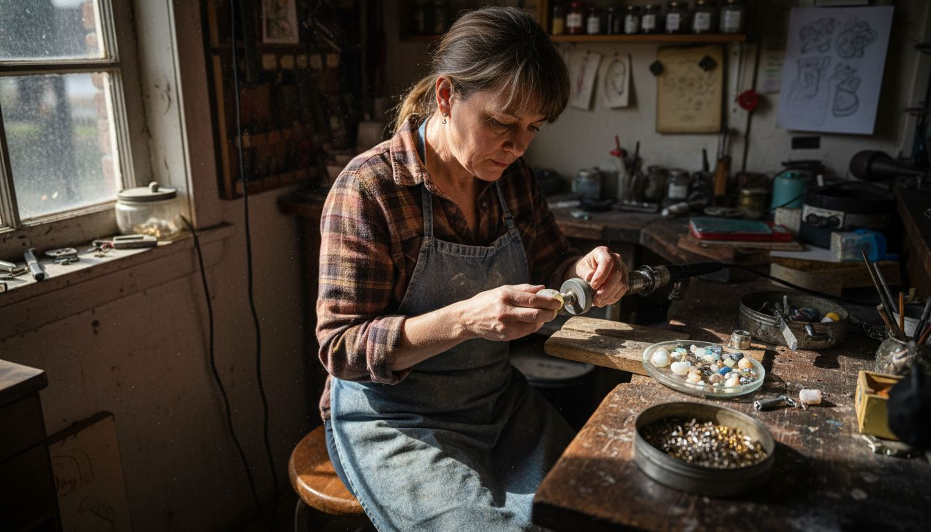 Jewelry artisan polishing opal at busy workbench