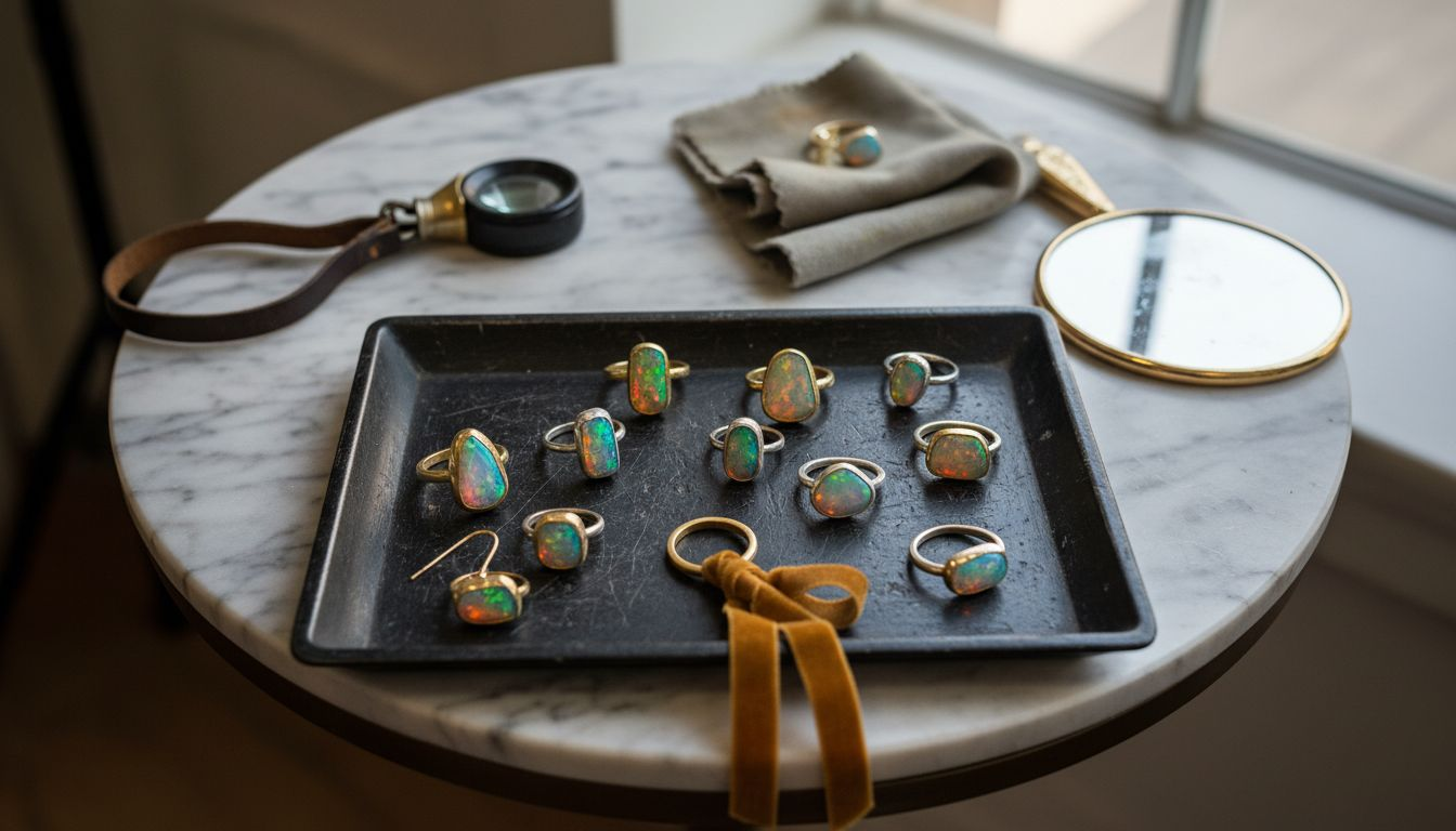 Handmade opal rings pendants and earrings flat lay