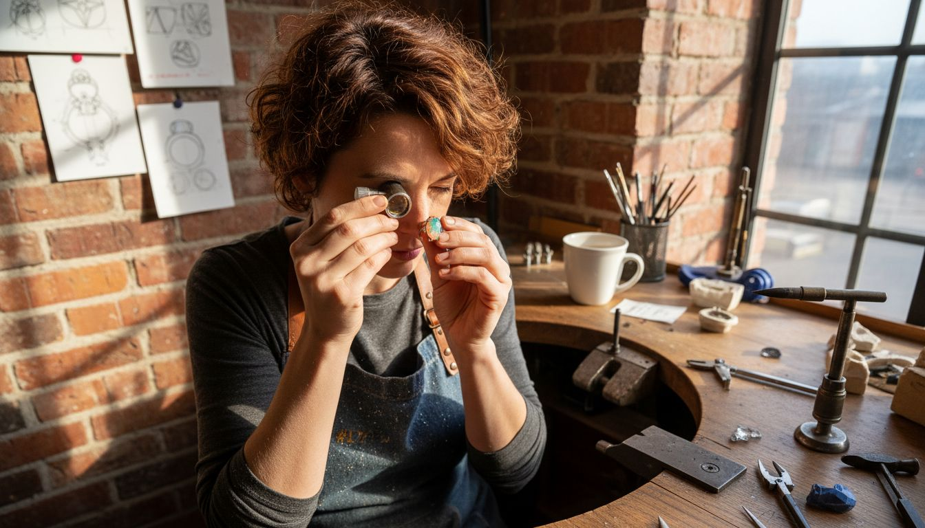 Jeweler checking opal ring sizing at workbench