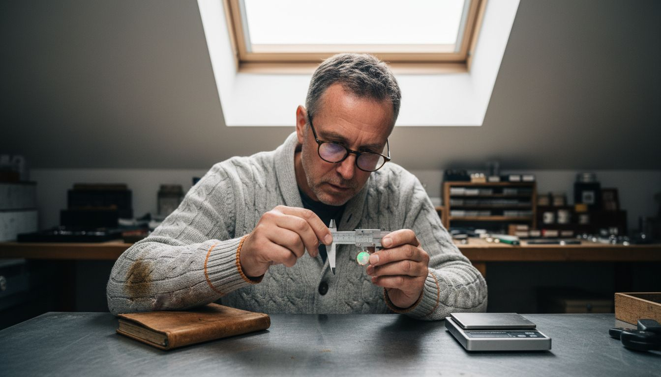 Jeweler measures opal ring with digital calipers