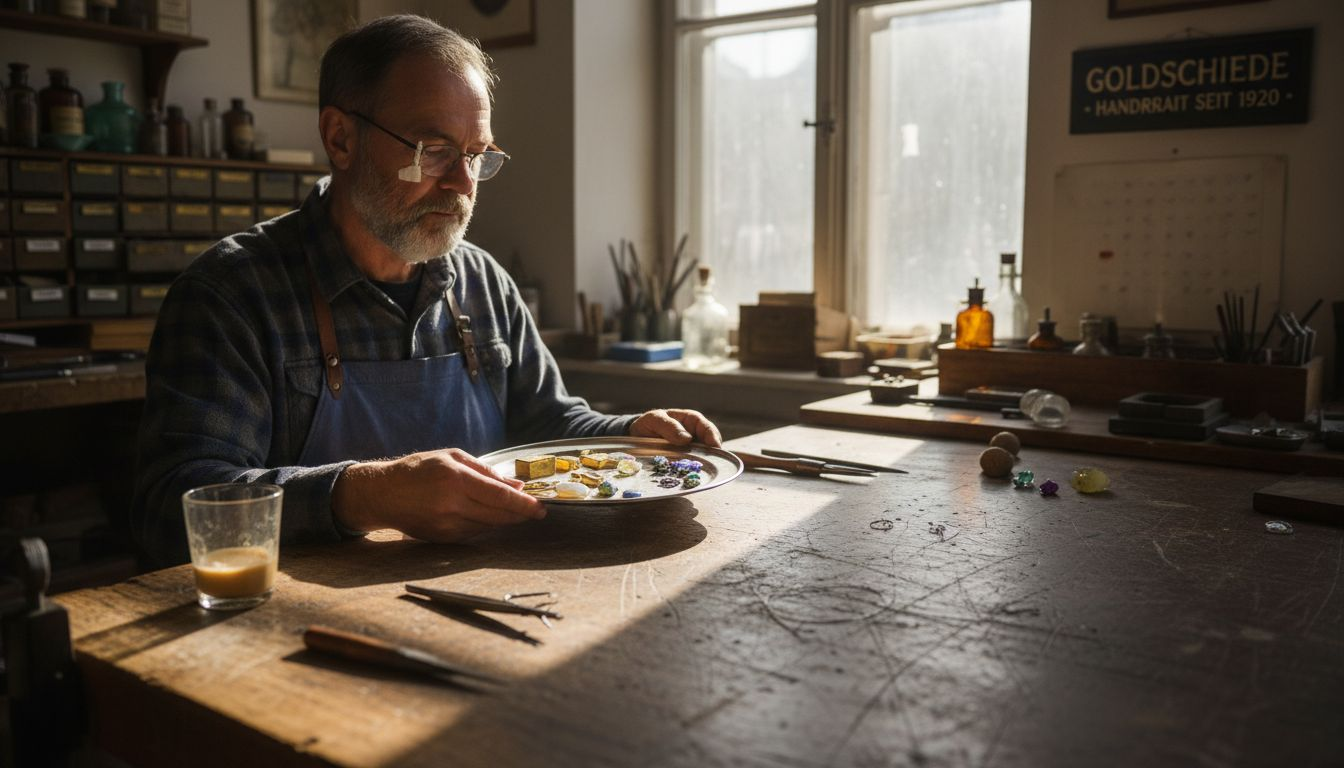 Am Werktisch begutachtet der Goldschmied sorgfältig verschiedene Schmuckmaterialien.