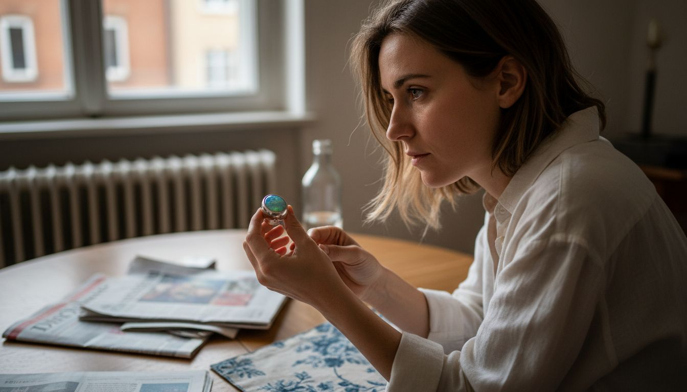 Eine Frau sitzt am Tisch und betrachtet nachdenklich einen silbernen Opalring in ihrer Hand.