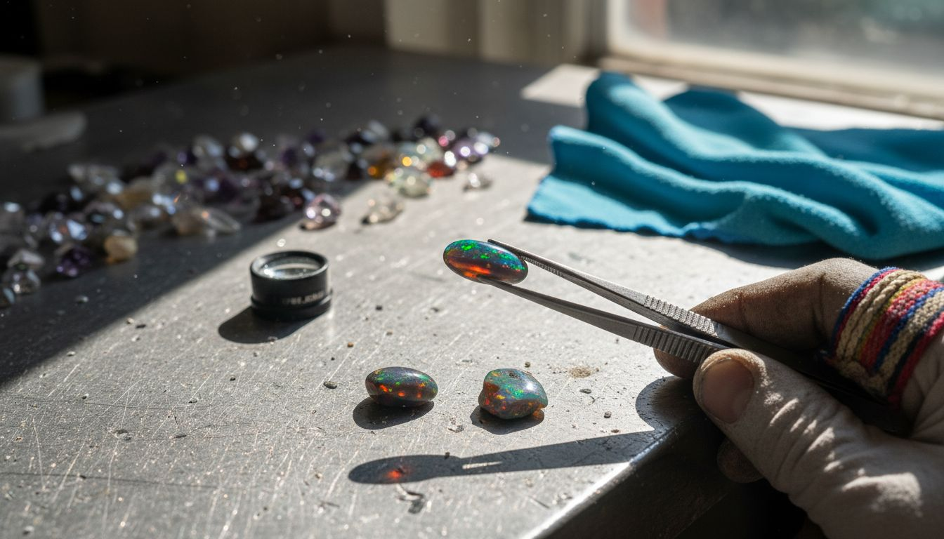 Un joaillier examine de près une opale noire aux reflets chatoyants.