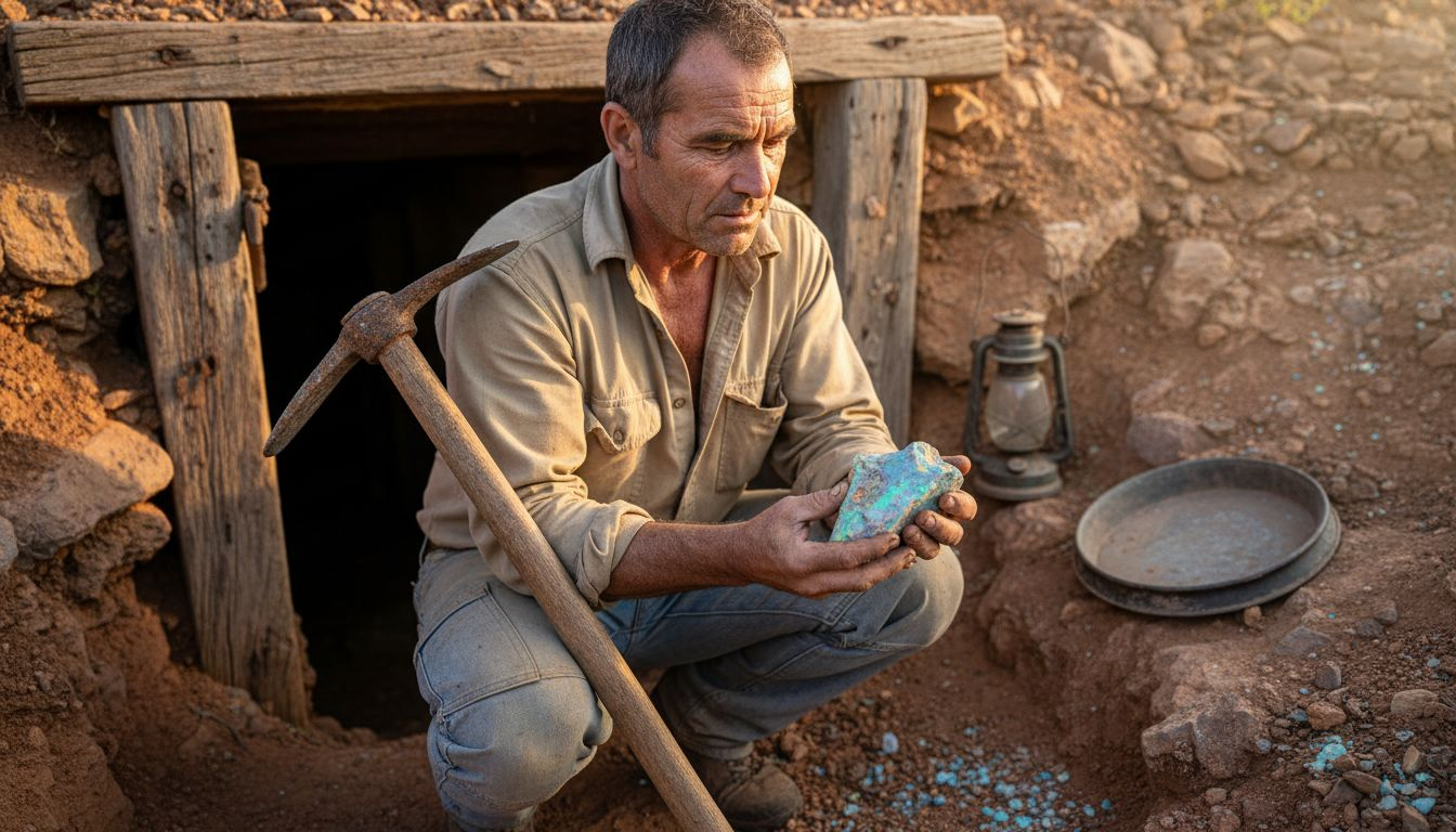 Un mineur examine une opale de Lightning Ridge à la lumière du jour.