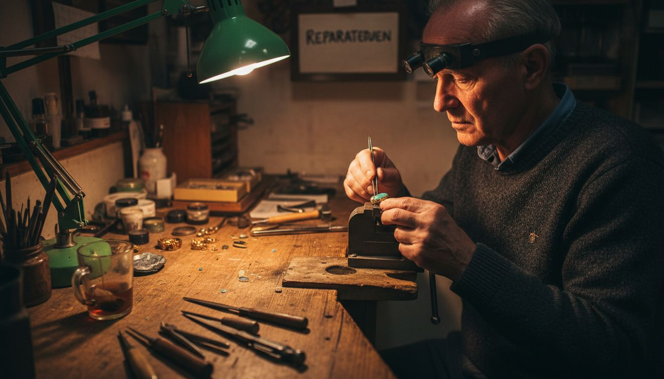 Ein Goldschmied arbeitet konzentriert an einem Tisch und fertigt kunstvolle Intarsien aus Opal.