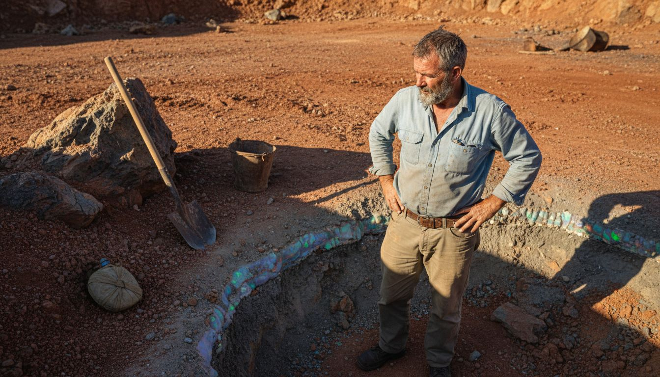 Un chercheur d’opale se tient près d’une veine découverte en plein cœur de l’outback australien.