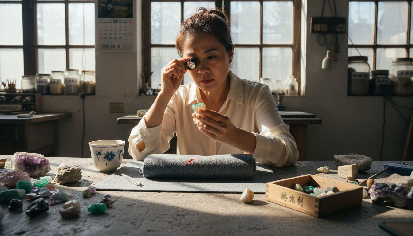 珠宝匠人在阳光下仔细鉴赏澳洲欧泊，观察其独特的色彩变幻。