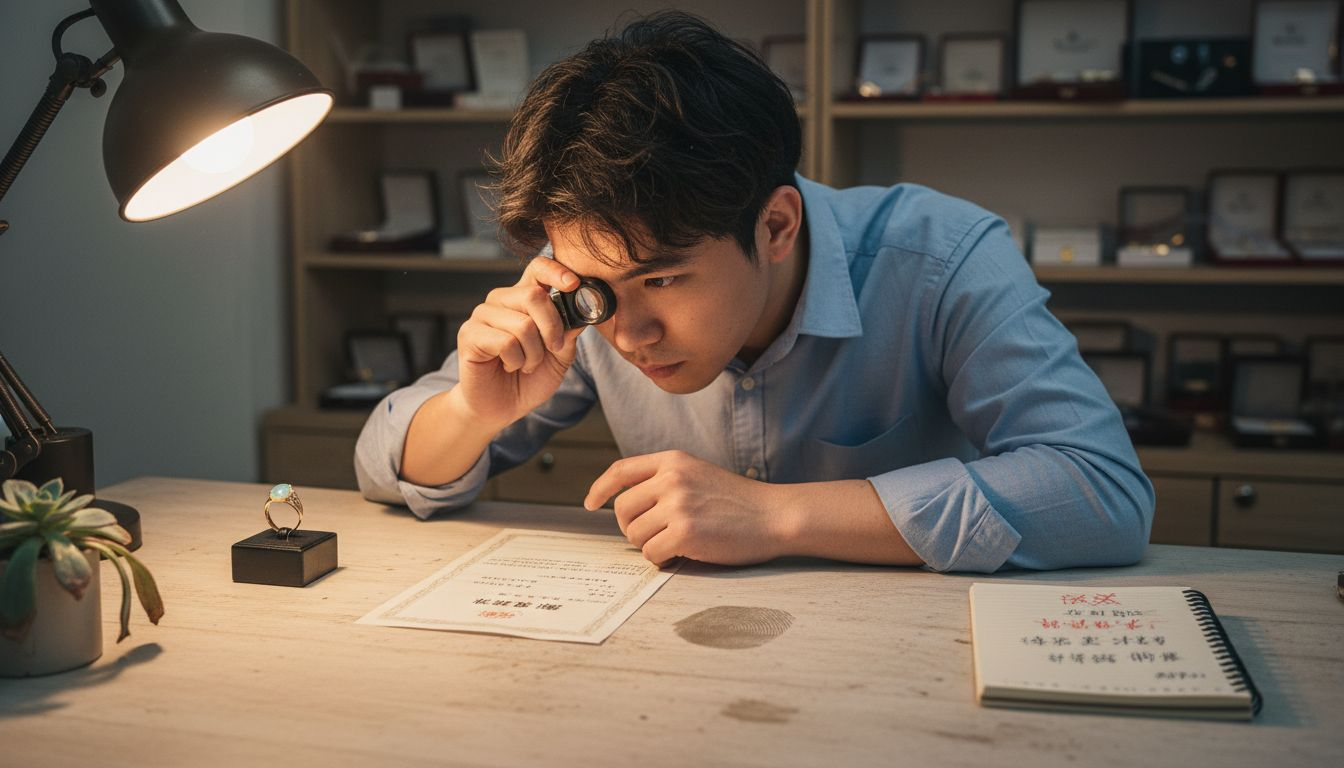 宝石鉴定师正在核查欧泊的产地证书，以确保其来源真实可靠。