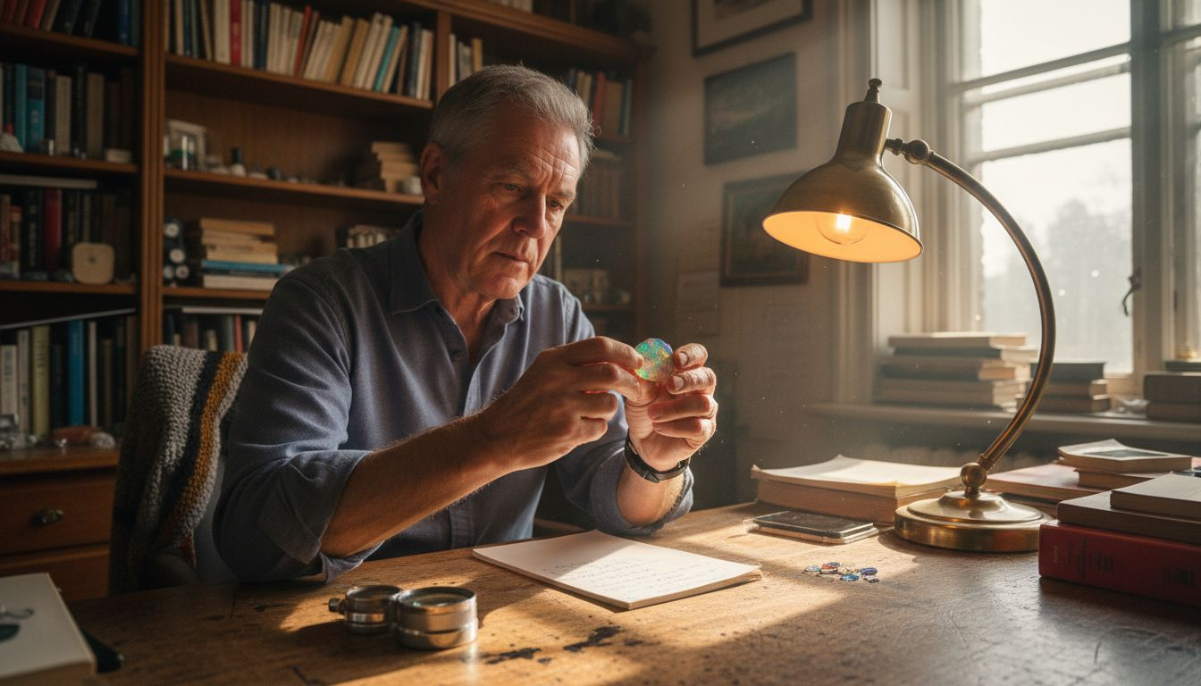 Man inspecting opal under desk lamp and sunlight
