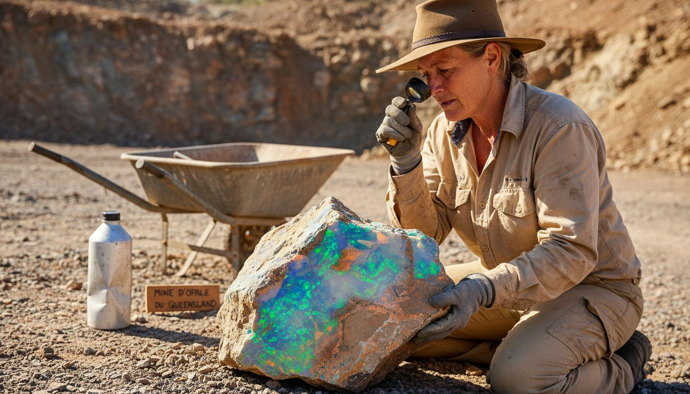 Sur un site minier en Australie, un géologue examine attentivement un bloc d’opale brute, à la recherche de ses plus belles nuances et particularités.