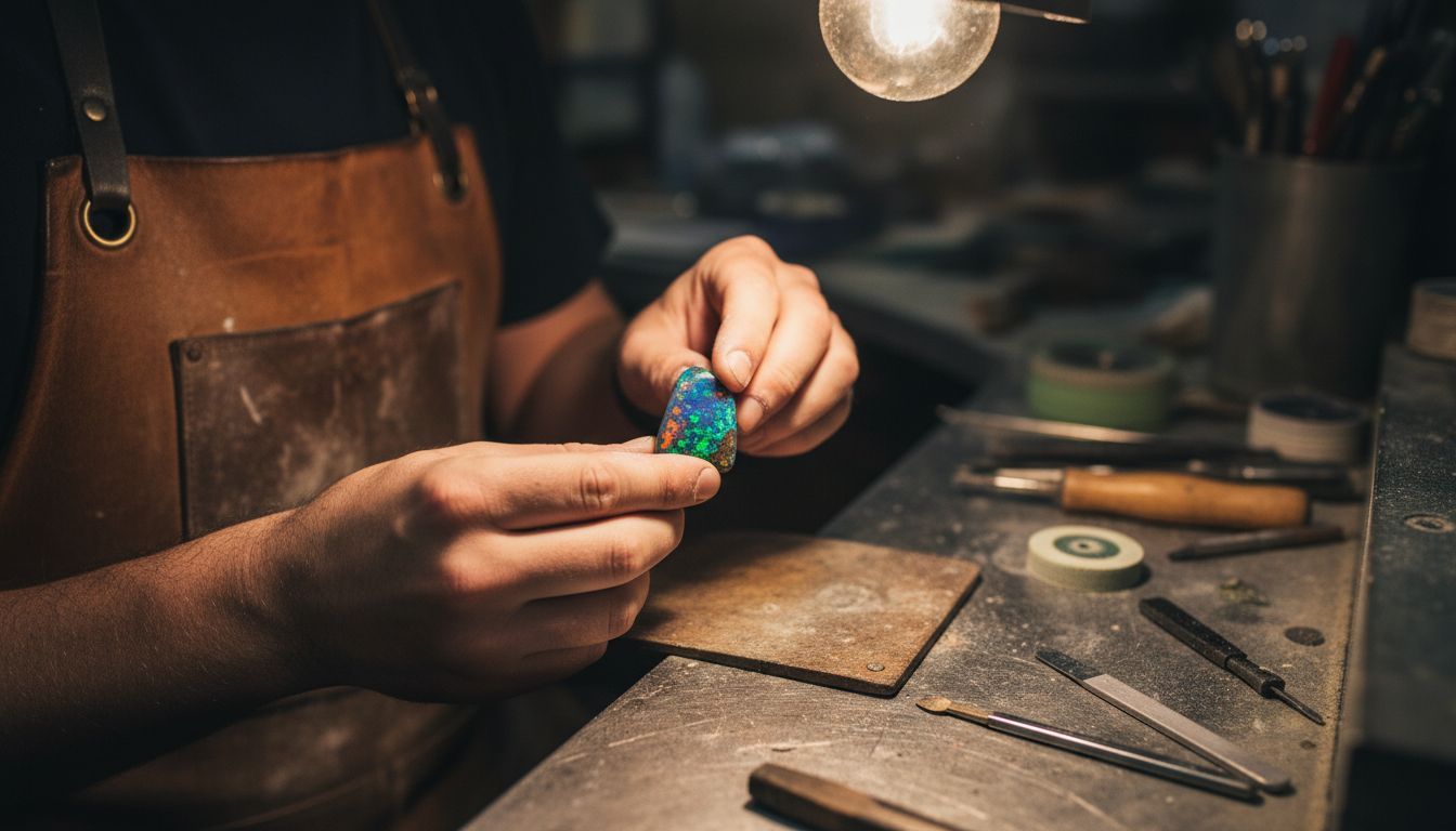 Un joaillier observe attentivement une opale boulder parfaitement polie, appréciant ses reflets et ses nuances uniques.