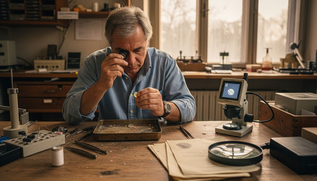 Ein Edelsteinsachverständiger überprüft einen Opal auf seine Echtheit.
