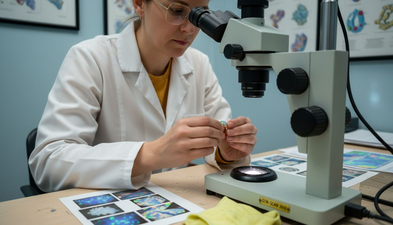 Gemologist inspecting opal ring under microscope