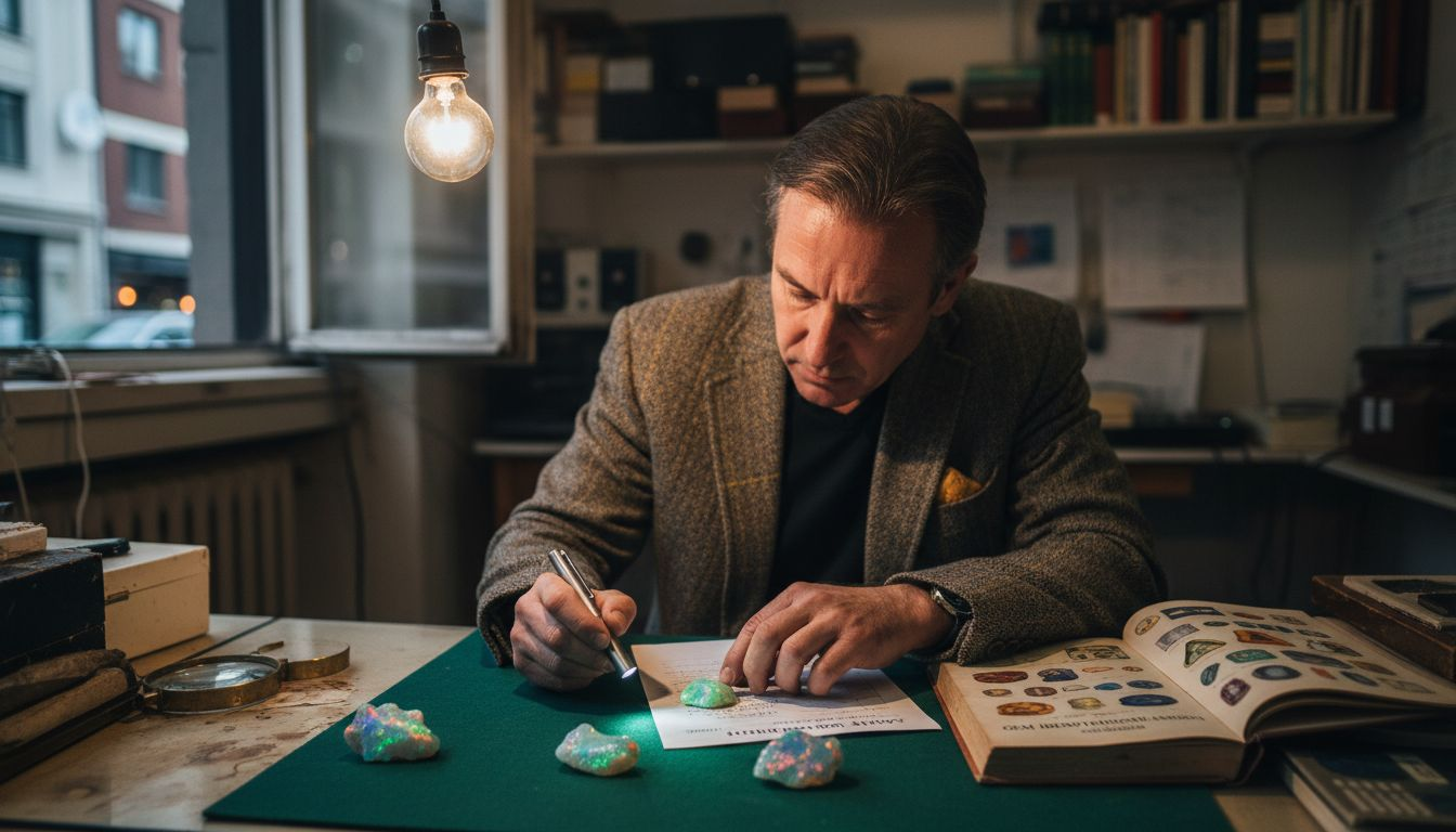Jewelry appraiser evaluating opal colors