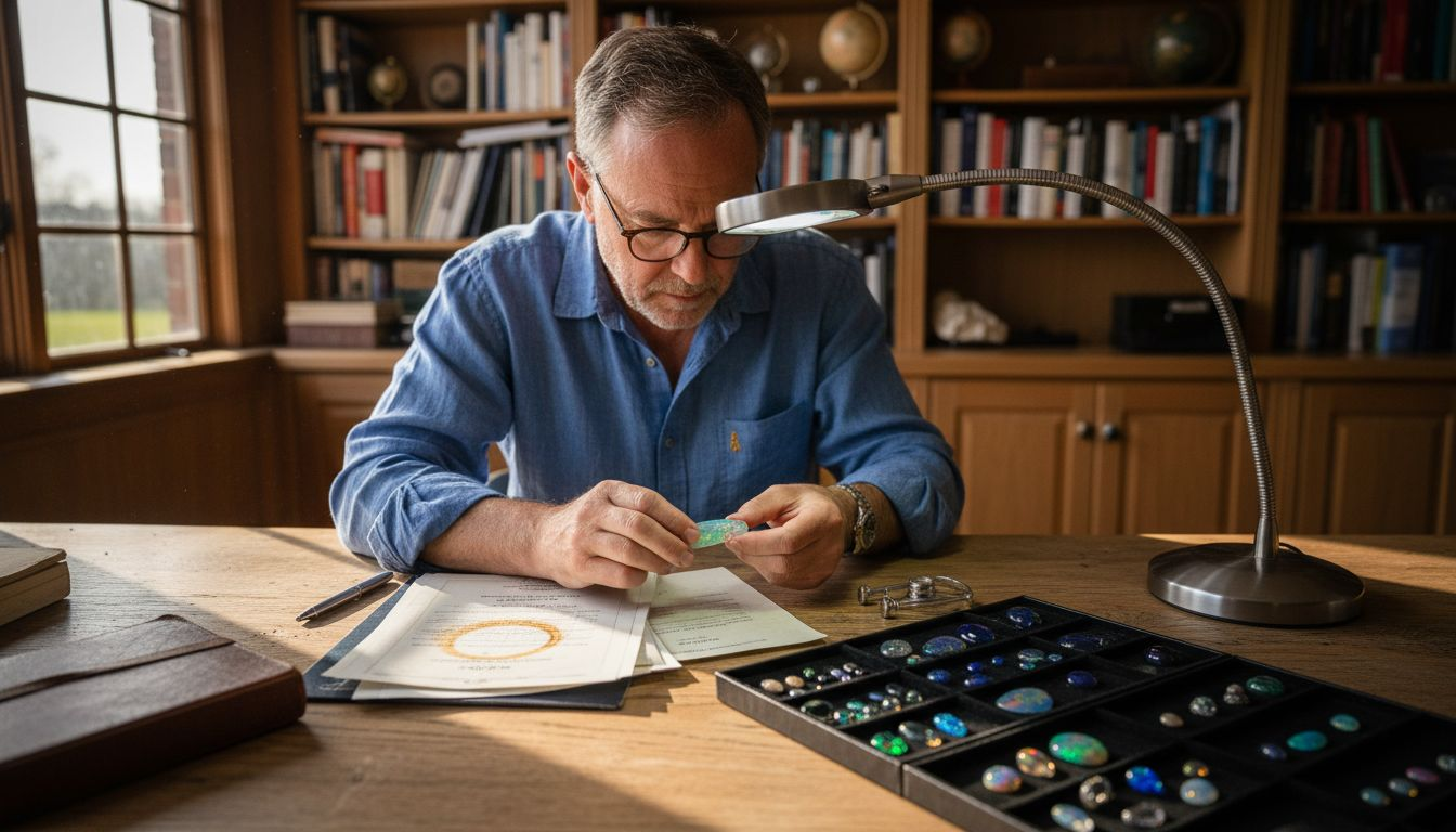 Gem collector inspecting opal collection