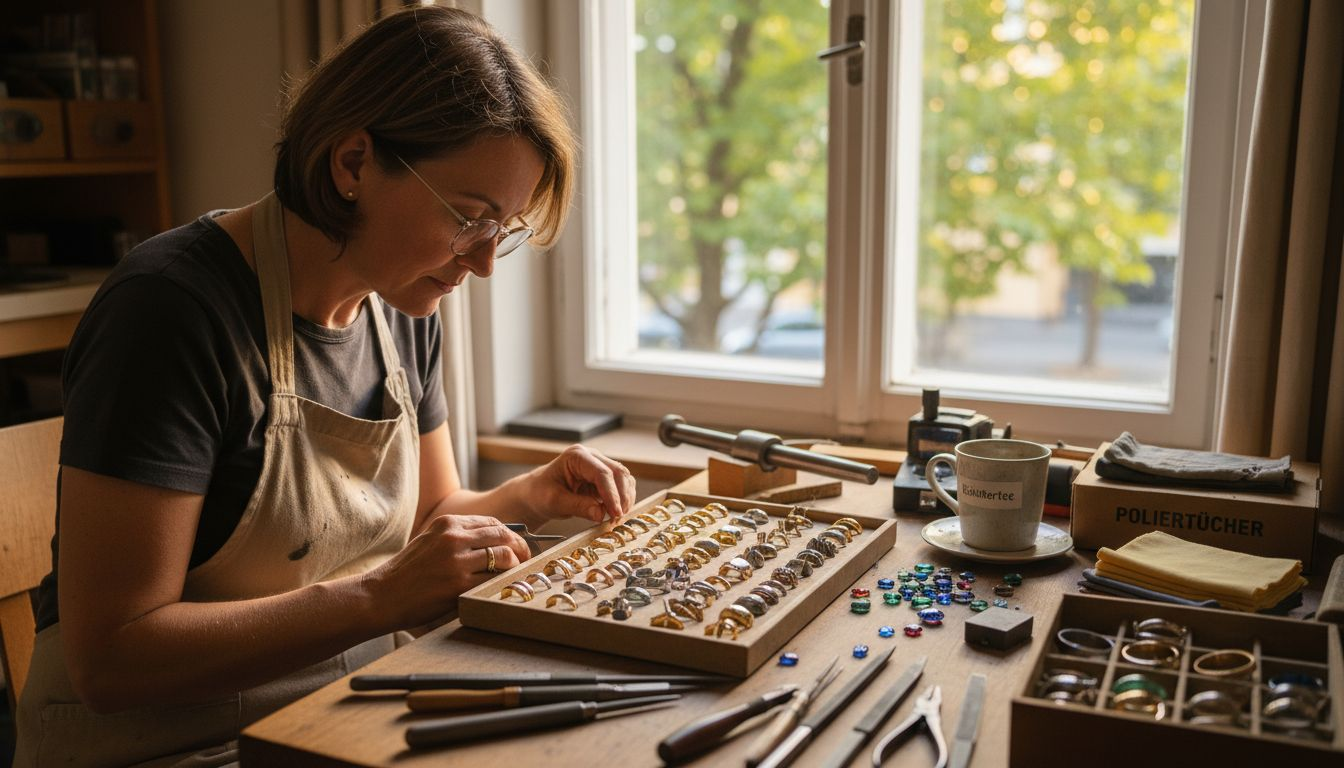 Ein Goldschmied begutachtet sorgfältig edle Metallringe.