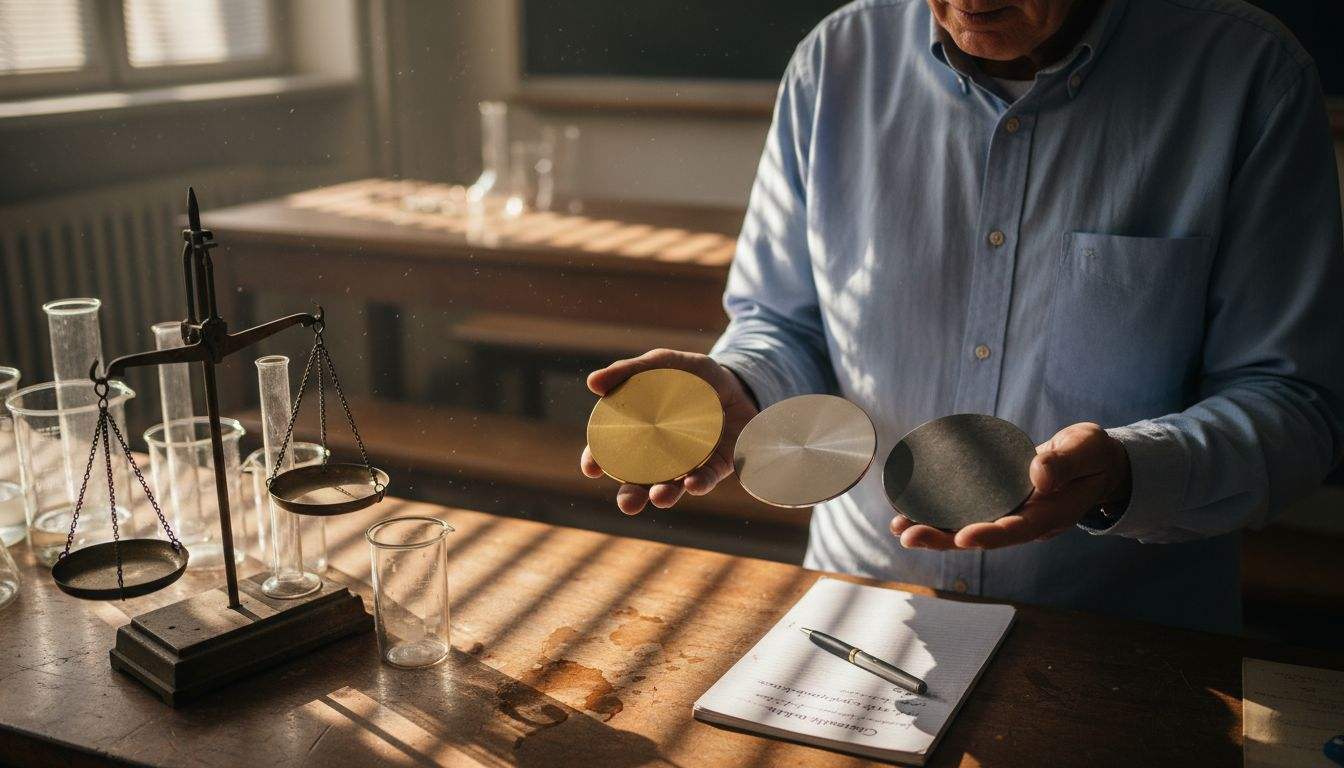 Ein Wissenschaftler untersucht und vergleicht verschiedene Scheiben aus Gold, Silber und Platin, um deren Eigenschaften gegenüberzustellen.