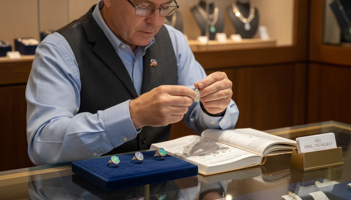 Jewelry expert inspecting opal pendant in shop