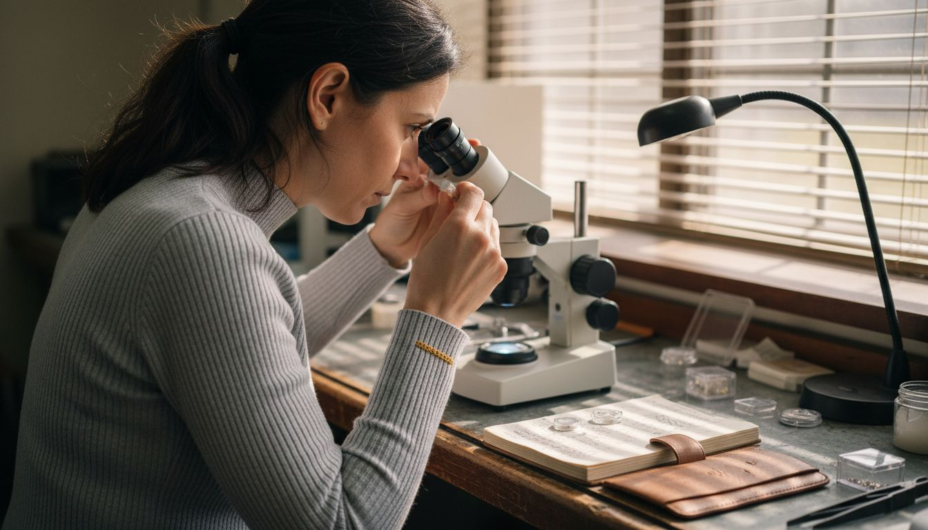 Woman testing opal gemstone authenticity in lab
