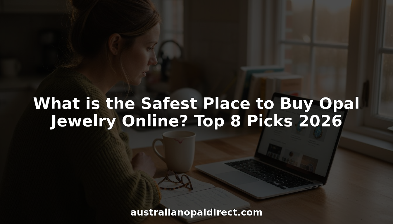 Woman shopping online for opal jewelry at kitchen table