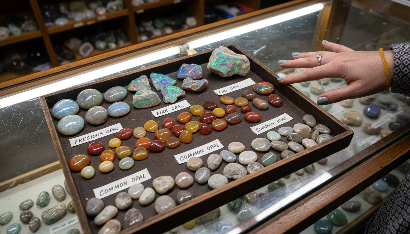 Natural opal varieties in display tray