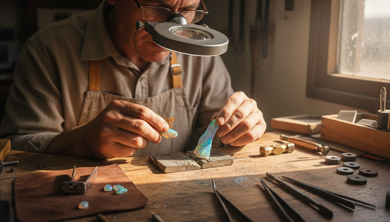 Jeweler examining opal gemstone at desk