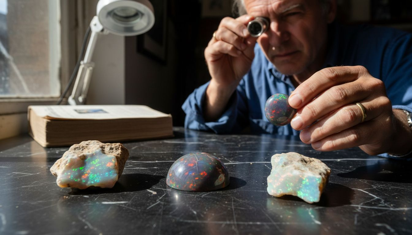 Opal gemstones and collector inspecting stones
