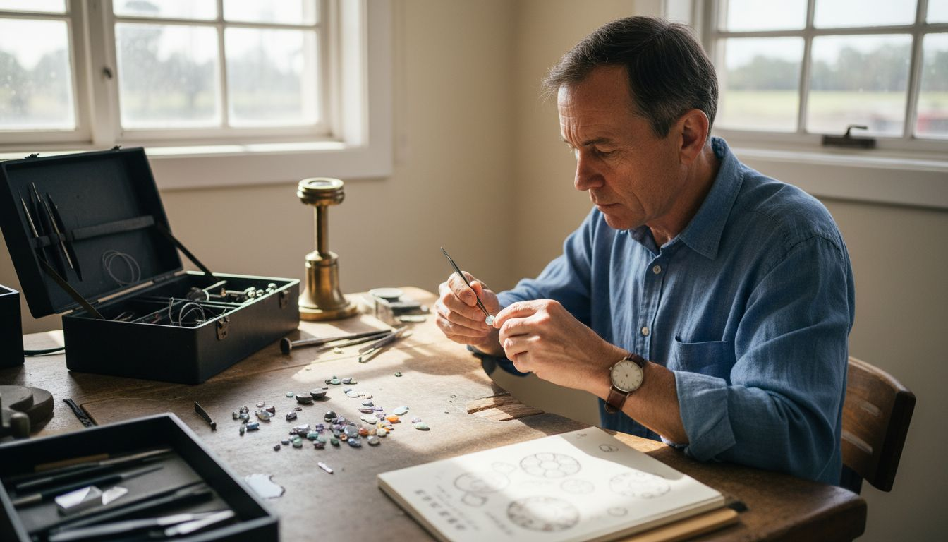 珠宝设计师正在精心调整欧泊的镶嵌工艺细节,力求每一处都尽善尽美。