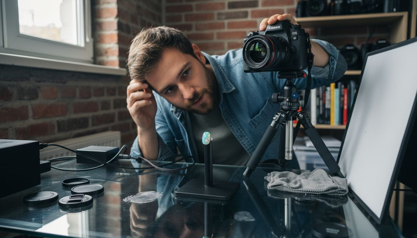 Ein Fotograf richtet in seinem Heimstudio Opalschmuck für ein Shooting her.