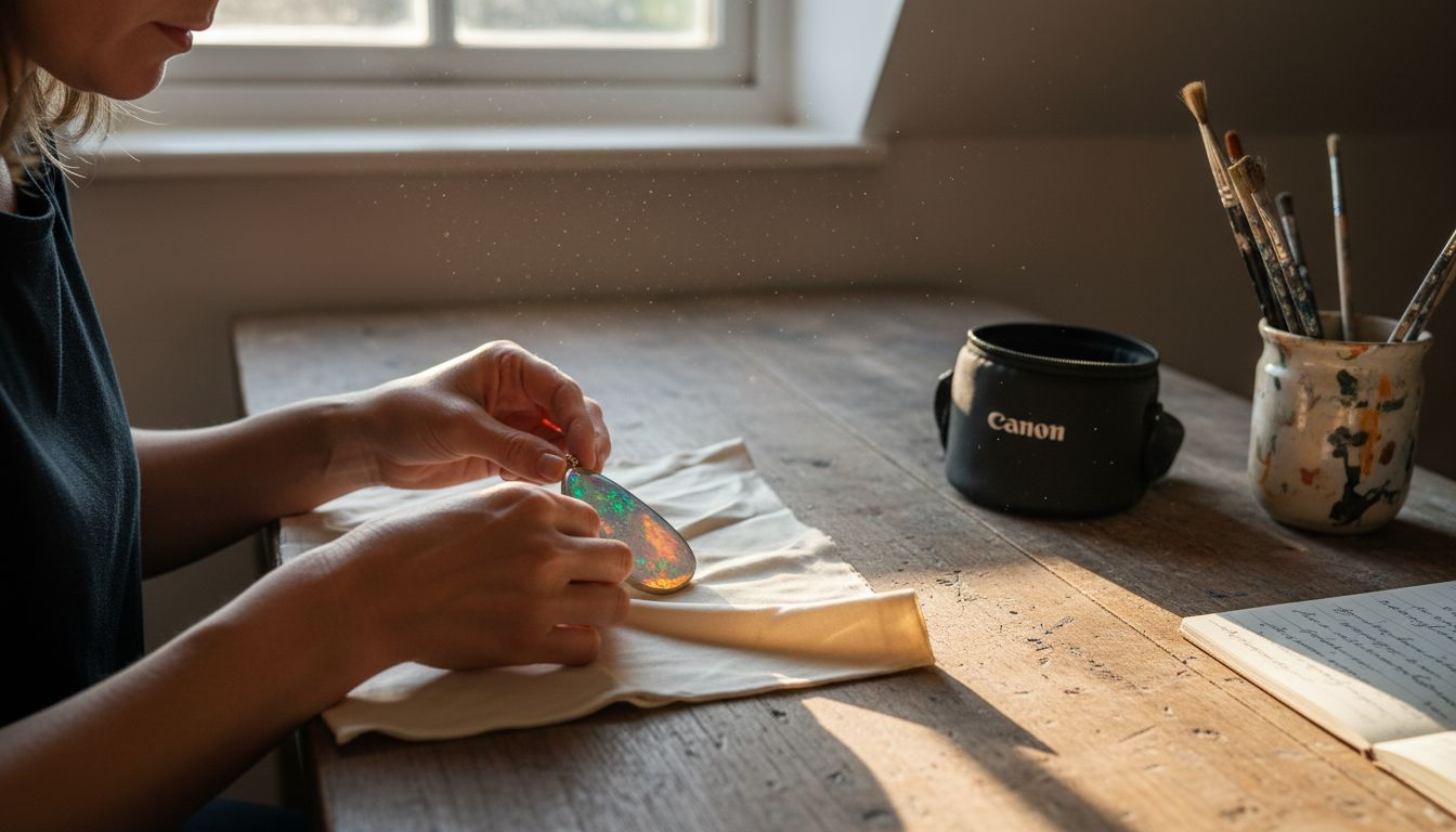 Eine Frau rückt einen Opal-Anhänger ins rechte Licht, um ihn zu fotografieren.