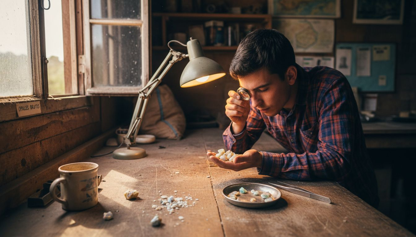 Un gemmologue examine et trie des opales brutes en provenance d’Australie.