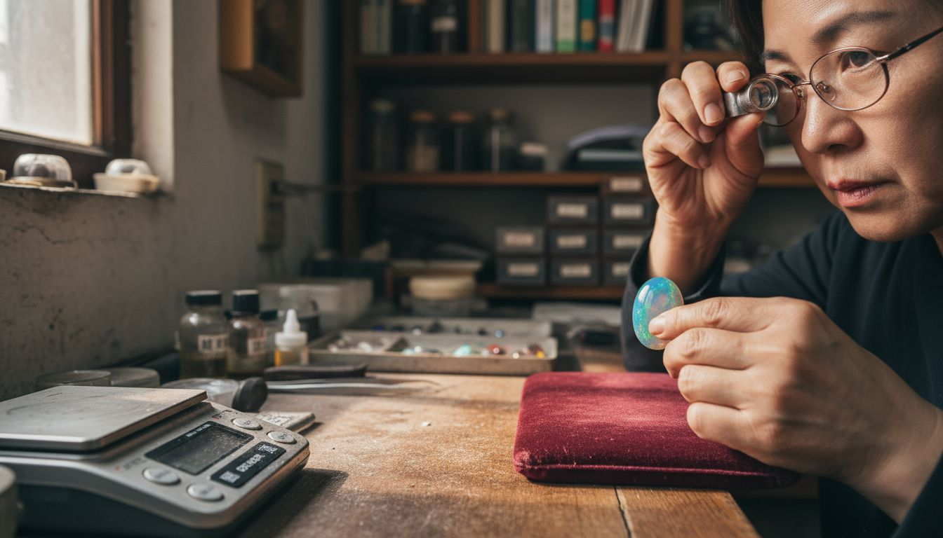 鉴定师正在细致观察欧泊宝石，仔细评估其品质与特征。