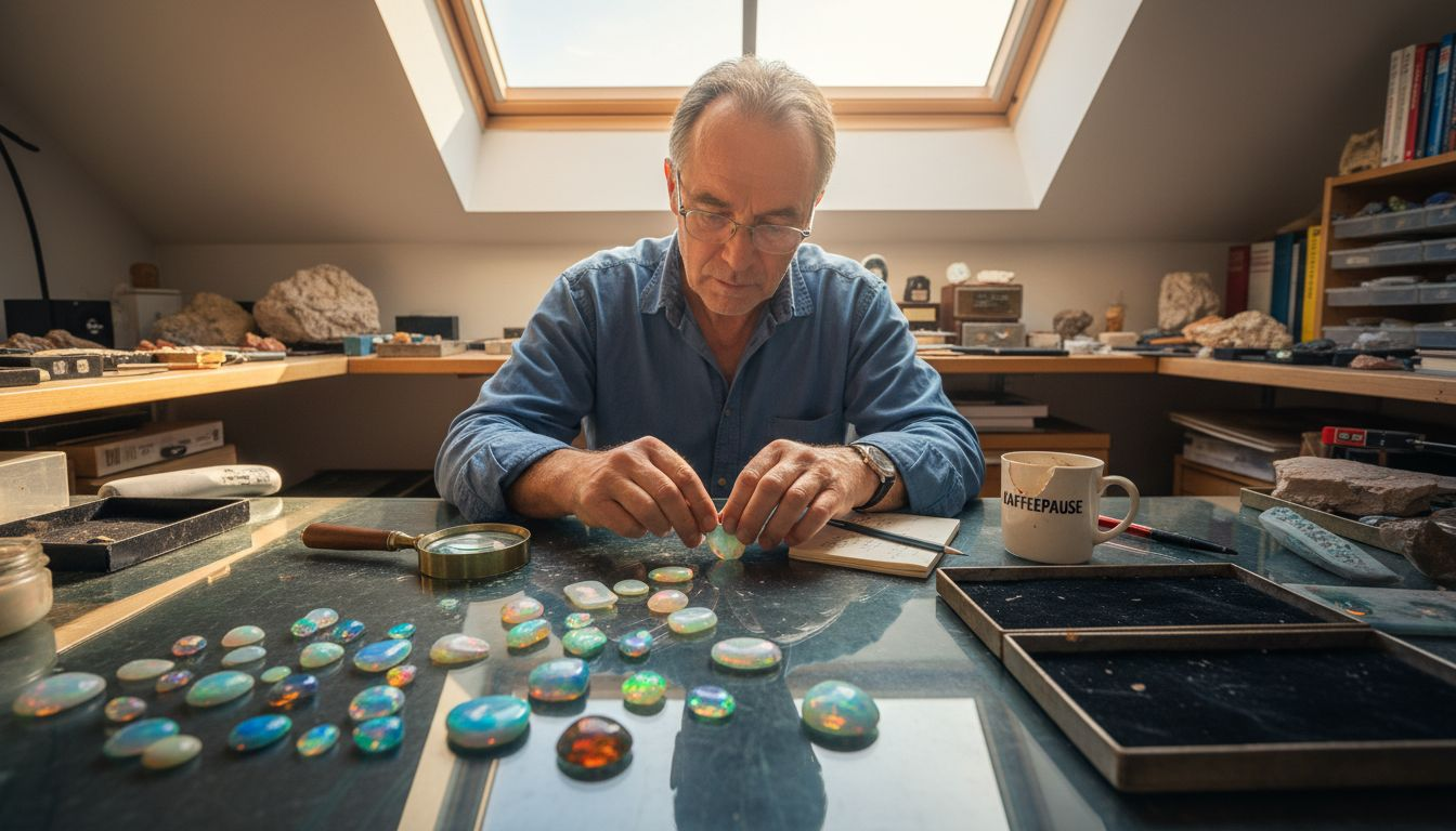 Ein Gemmologe begutachtet lose Opale, die auf dem Tisch ausgebreitet sind.