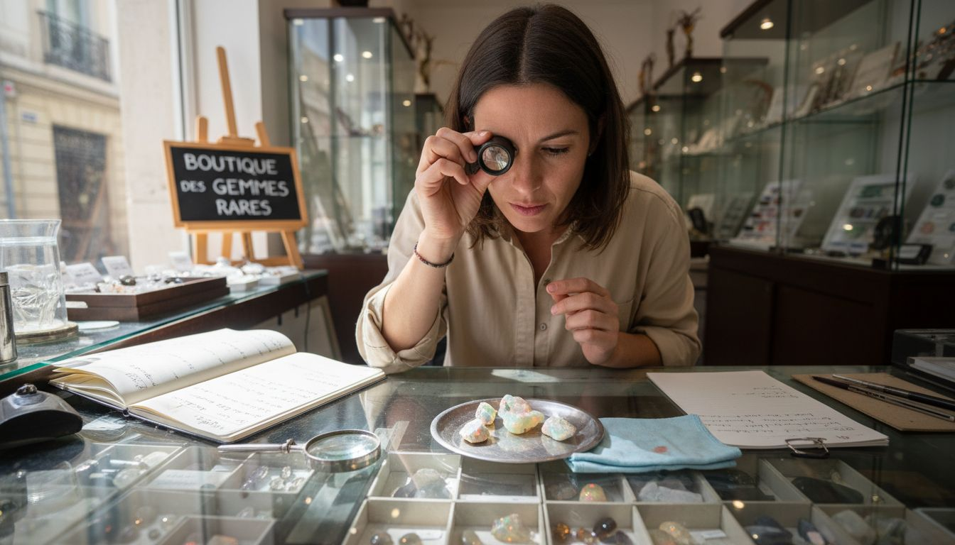 Un gemmologue examine minutieusement une opale précieuse sur son bureau.