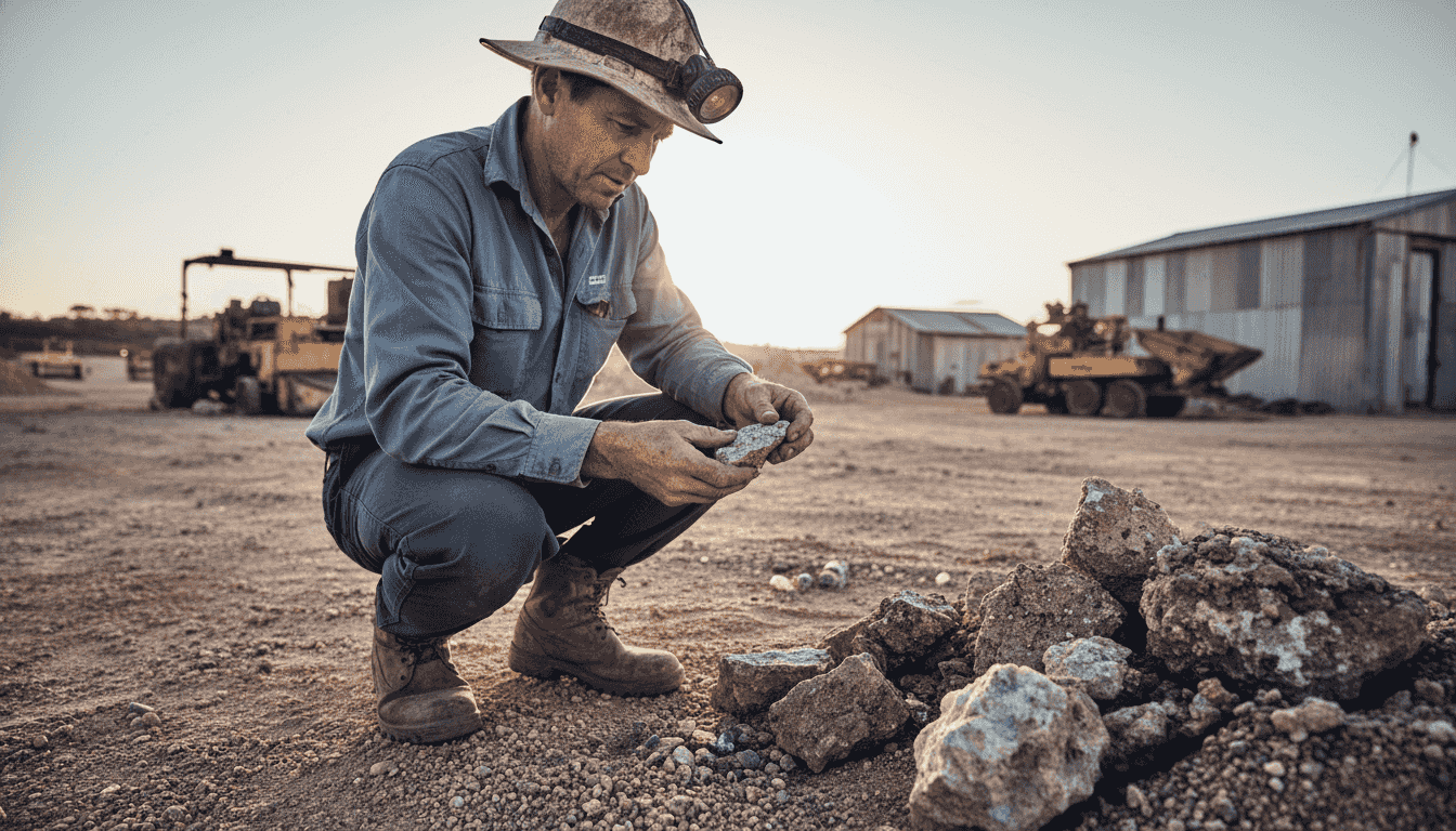 澳宝矿工在矿区现场仔细检查刚刚开采出来的原石