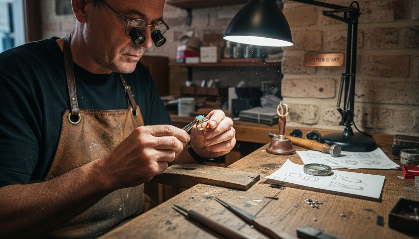 Un artisan joaillier façonne délicatement une opale, qu'il incruste sur une monture en or.