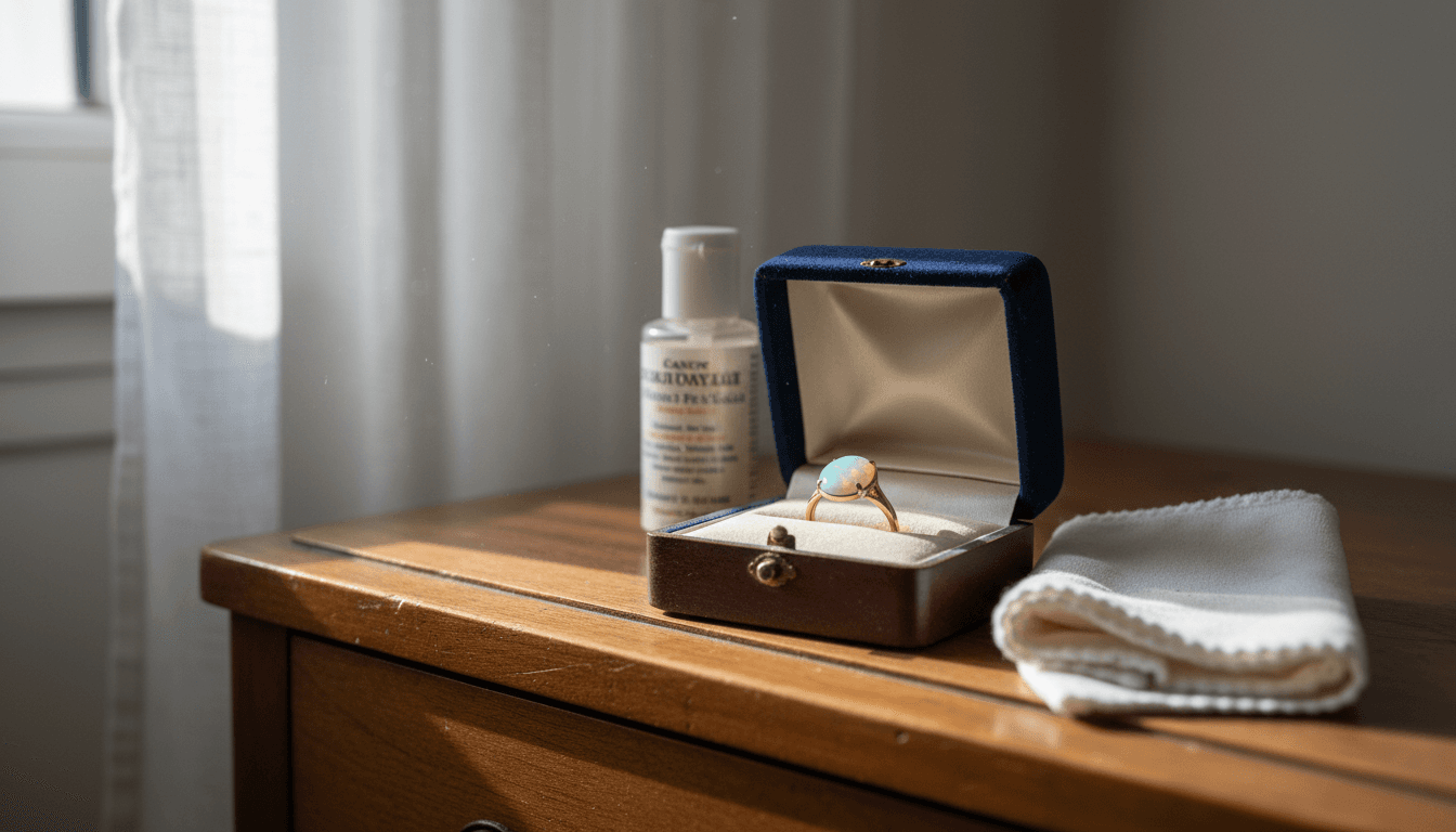 Coffret élégant comprenant une bague en or ornée d'une opale, accompagné de ses accessoires