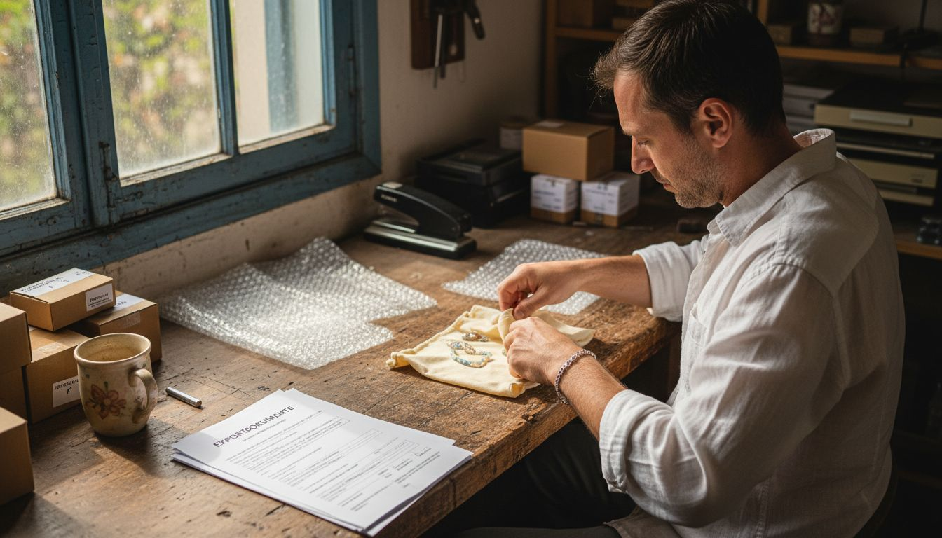 Ein Schmuckexporteur verpackt Opalschmuck sorgfältig an seinem Schreibtisch.