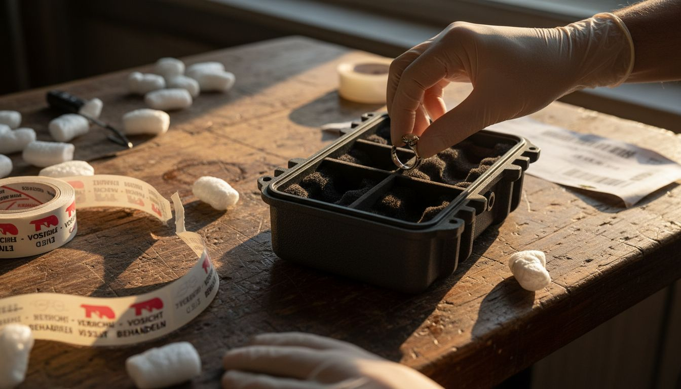 Sorgfältig legen Hände einen Opalring in eine gepolsterte Schmuckschachtel.