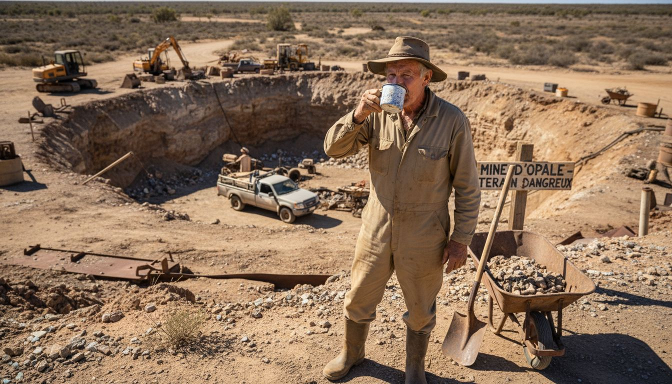 Mineur australien travaillant sur le célèbre site d’opale de Lightning Ridge