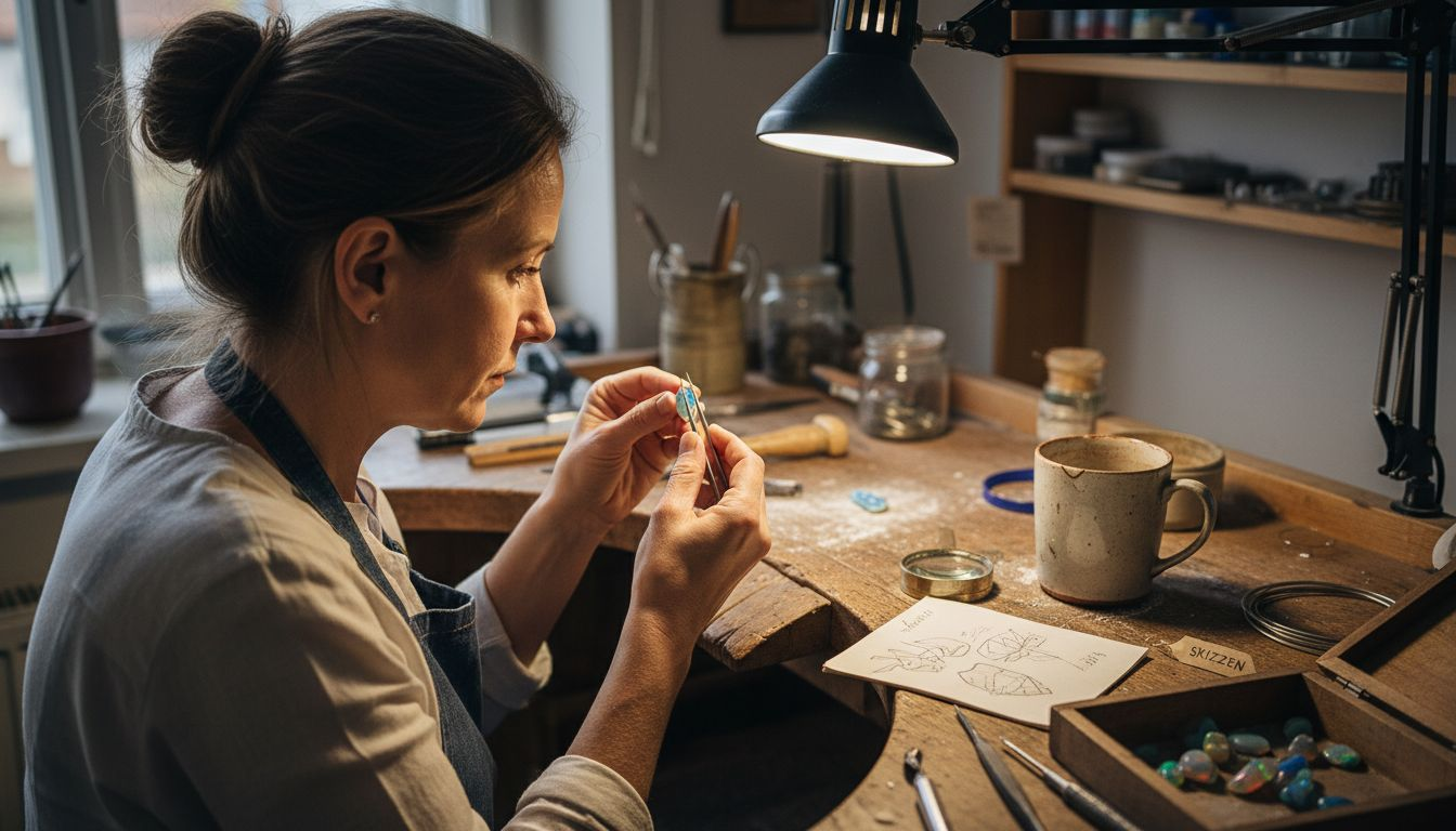 Ein Goldschmied betrachtet einen Opal aus nächster Nähe und prüft die feinen Details des Edelsteins.