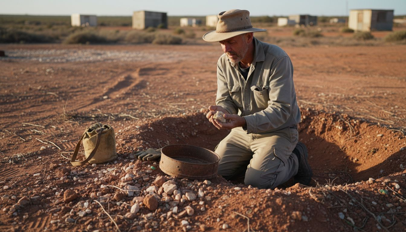 Ein Miner begutachtet Rohopale im australischen Outback und sucht nach wertvollen Edelsteinen.