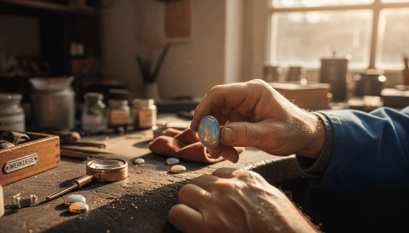 Ein Juwelier begutachtet einen Opalring im Tageslicht.