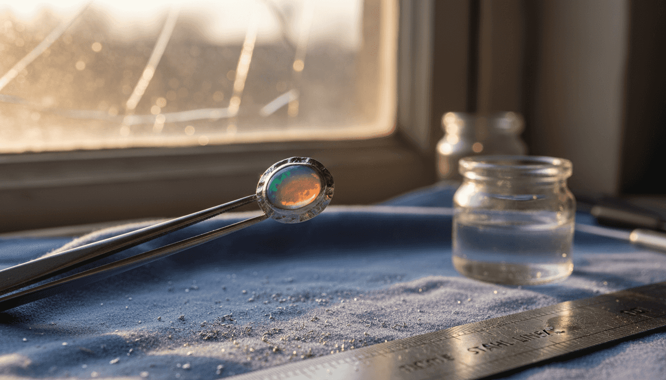 Ein Opal, der in einer Zargenfassung sitzt, wird mit einer Pinzette gehalten.