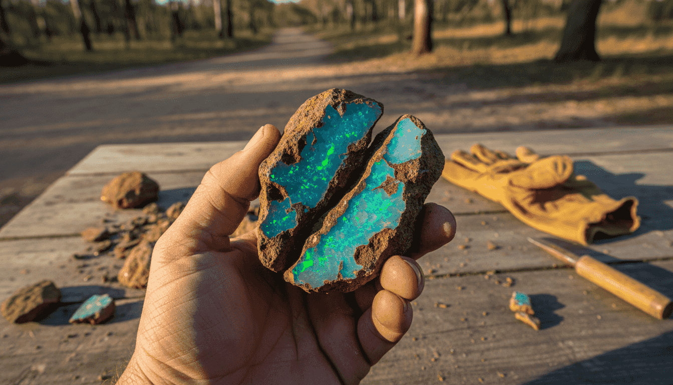 Gros plan sur un spécimen d’opale boulder tenu par la main d’un géologue