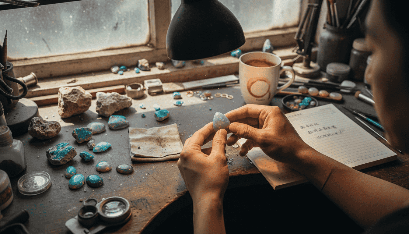 珠宝鉴定师正在仔细察看蛋白石原石的品质。