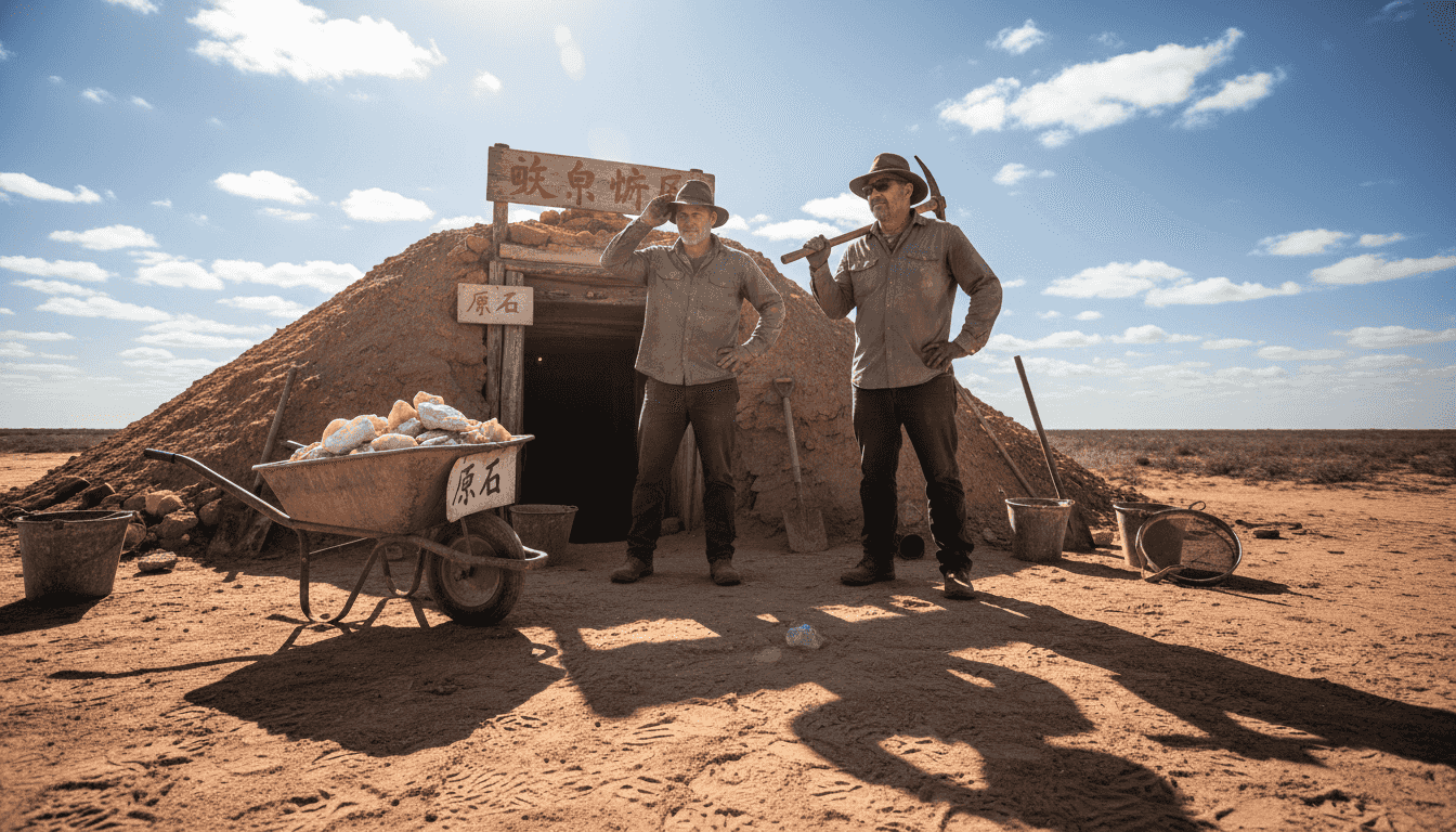 在澳大利亚偏远地区的欧泊矿入口处，矿工们正准备开始一天的工作。