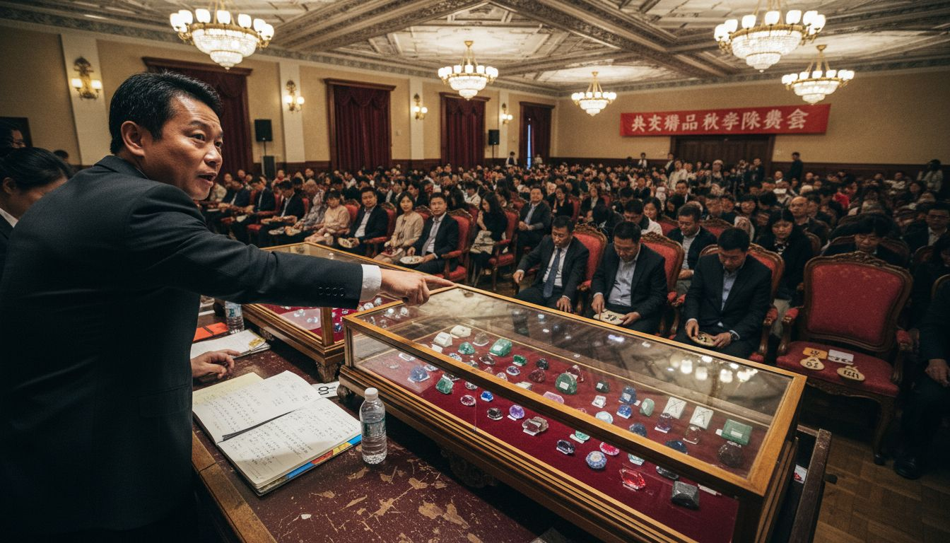 拍卖师正在拍卖会上向大家展示一批色彩斑斓的宝石，吸引了现场买家的目光。