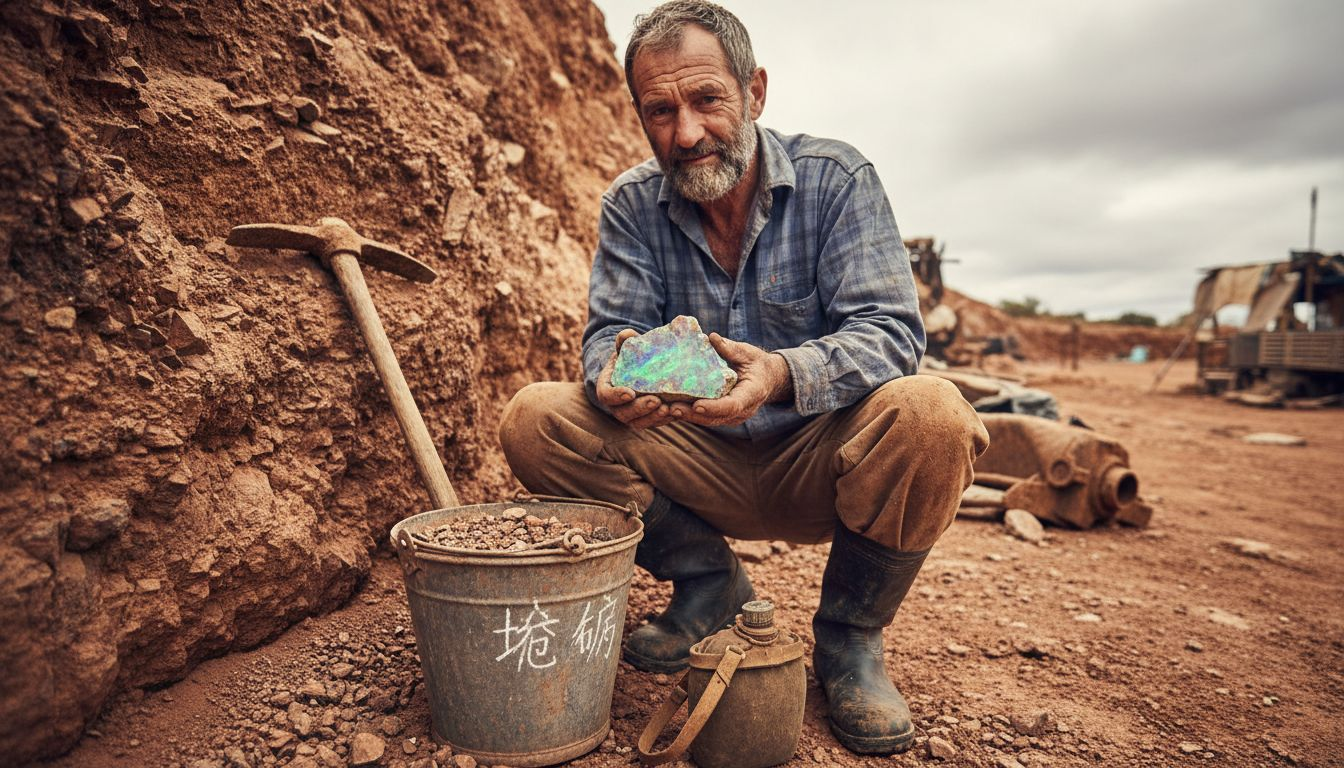 一位矿工正在闪电岭仔细察看蛋白石的品质。